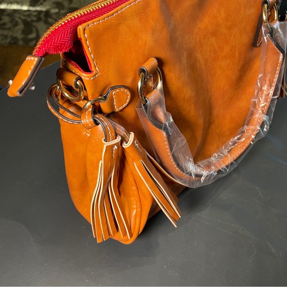 Brown genuine leather satchel purse tassels zip closure pockets, crossbody strap - Picture 5 of 11